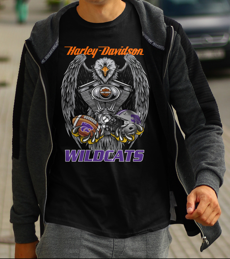 Harley Davidson Wildcats Ncaa Football Kansas State University Ksu Helmet And Engine T-Shirt