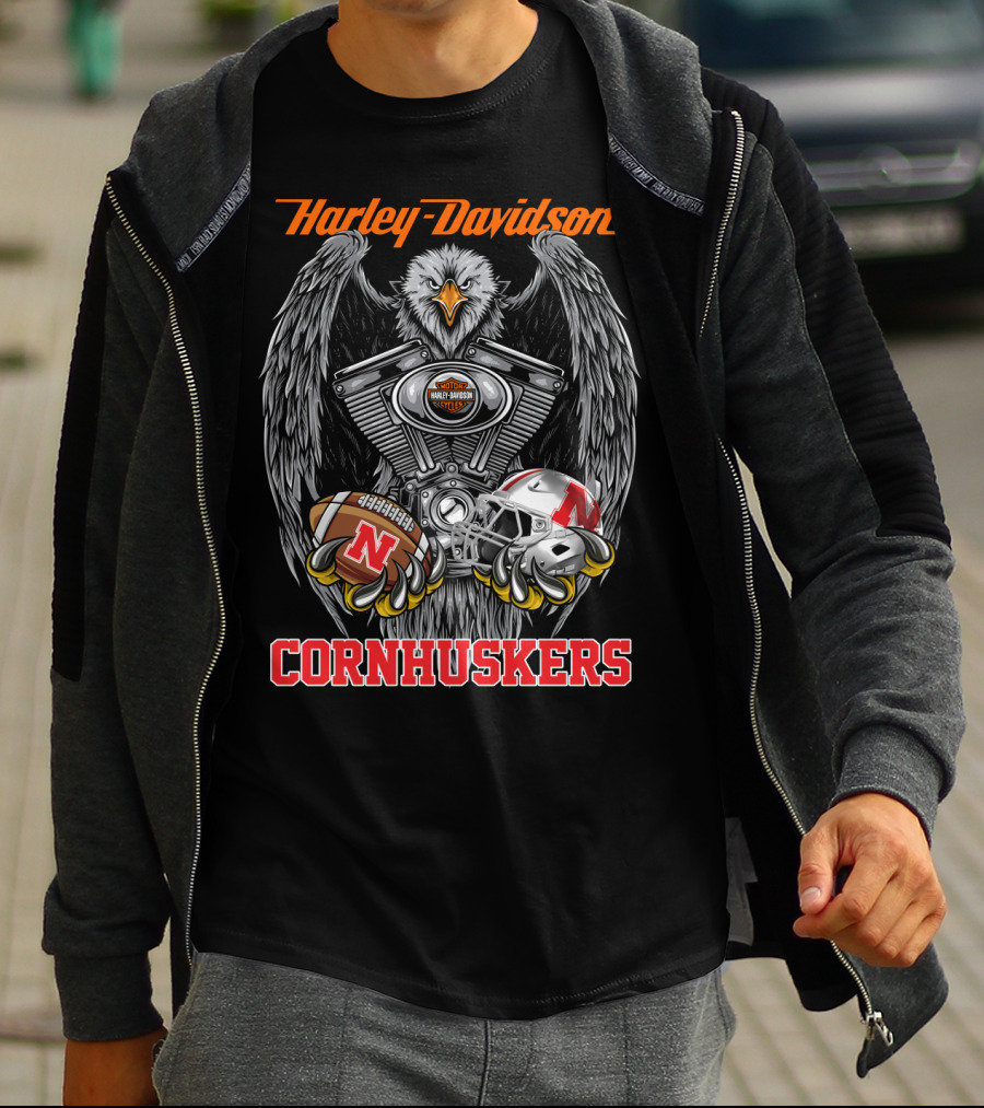 Harley Davidson Cornhuskers Eagle Football Ncaa Helmet Ball T-Shirt