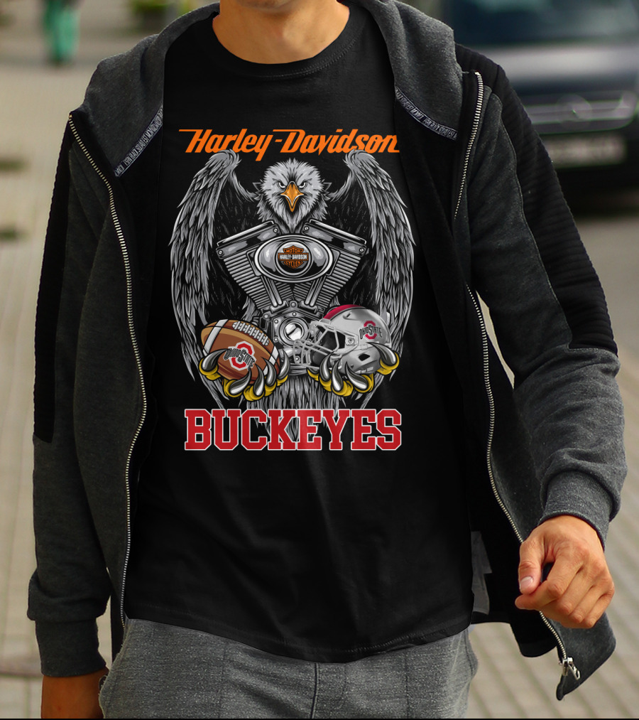 Harley Davidson Buckeyes Eagle Football Helmet And Engine T-Shirt