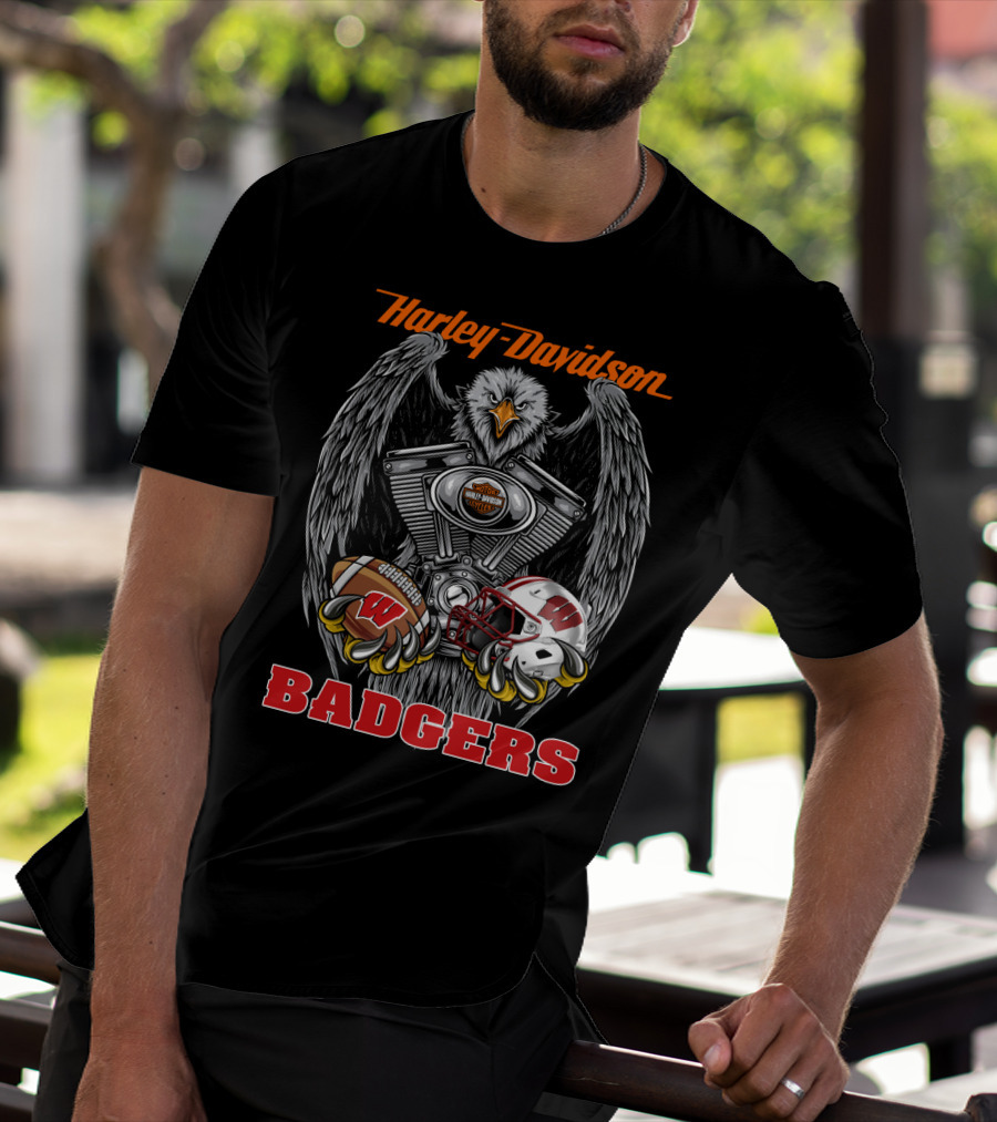 Harley Davidson Badgers Wisconsin Football Ncaa Eagle Engine T-Shirt