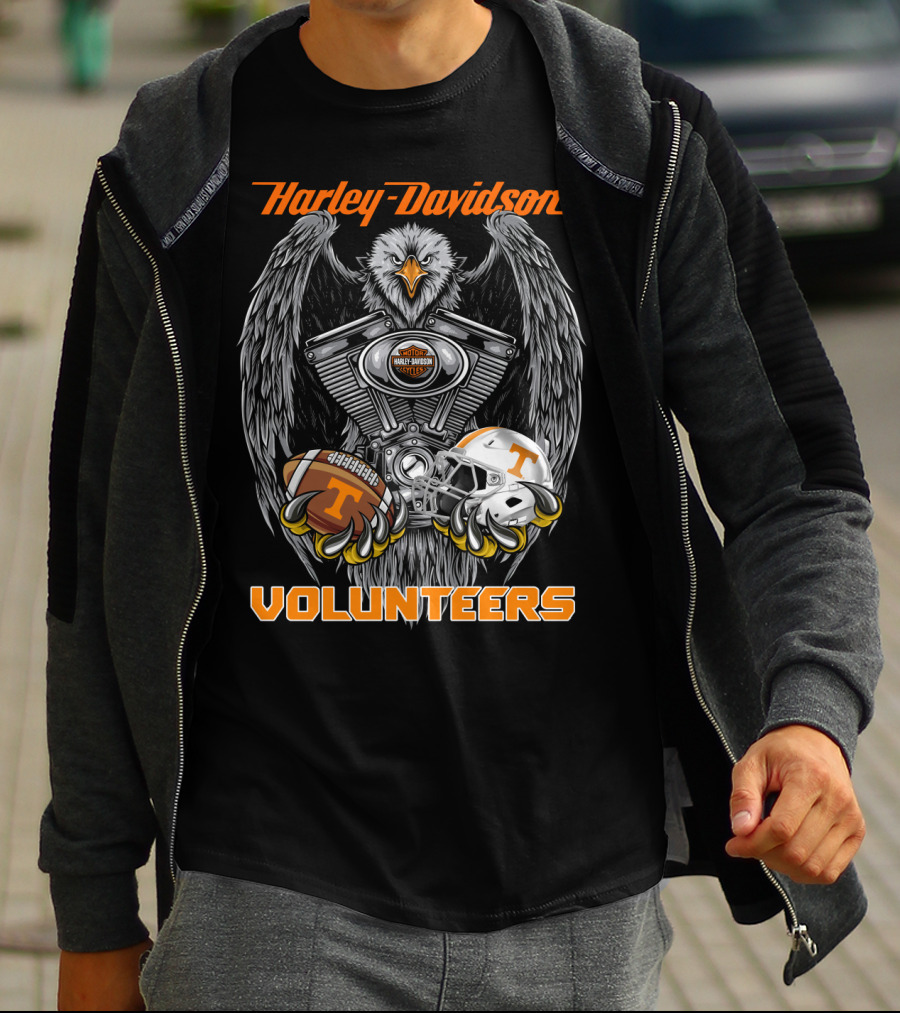 Harley Davidson Volunteers Ncaa Football Tennessee Helmet And Ball Eagle Engine T-Shirt