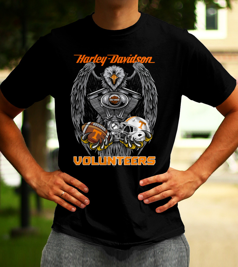 Harley Davidson Volunteers Ncaa Football Tennessee Helmet And Ball Eagle Engine T-Shirt