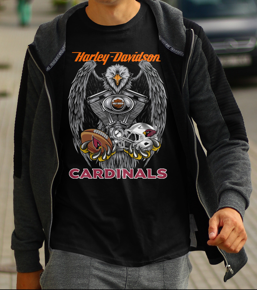 Harley Davidson Cardinals Nfl Helmet And Football Eagle V-Twin Engine T-Shirt