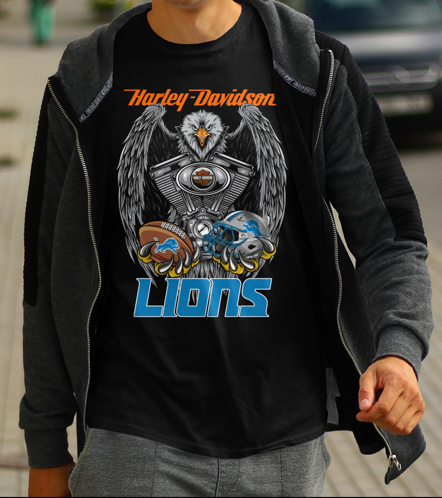 Harley Davidson Detroit Lions Eagle Football Engine T-Shirt