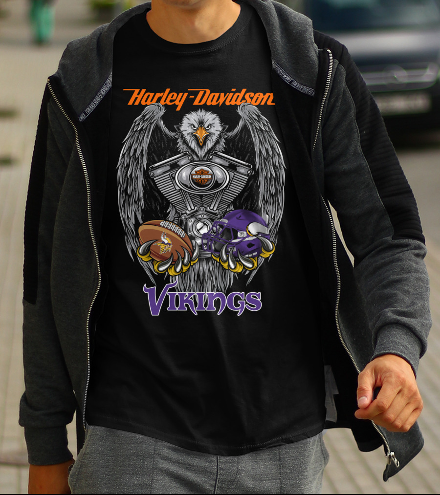 Harley Davidson Seattle Vikings Football Eagle Engine Art T-Shirt