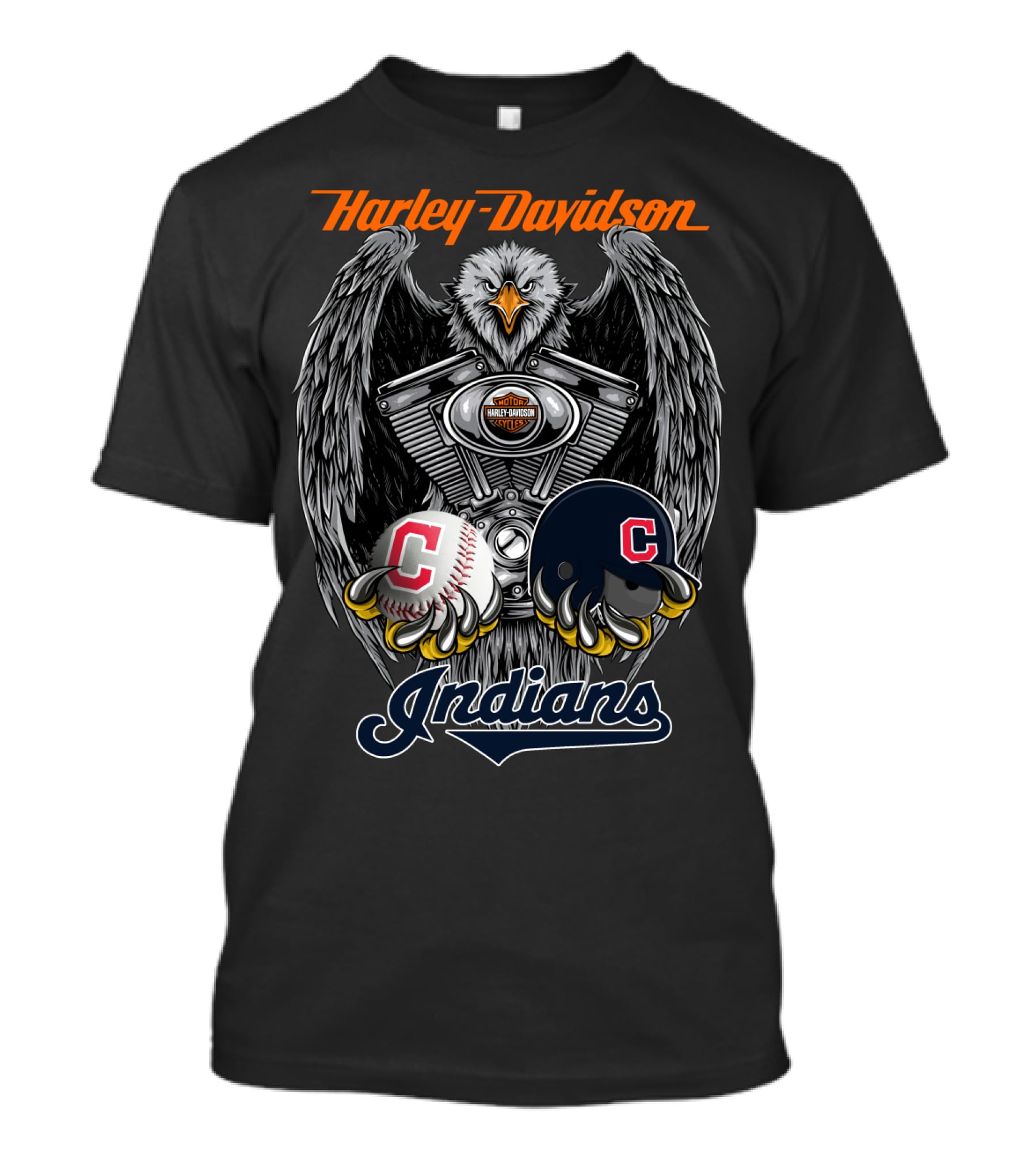 Harley Davidson Cleveland Indians Mlb Baseball Helmet And Engine Eagle T-Shirt