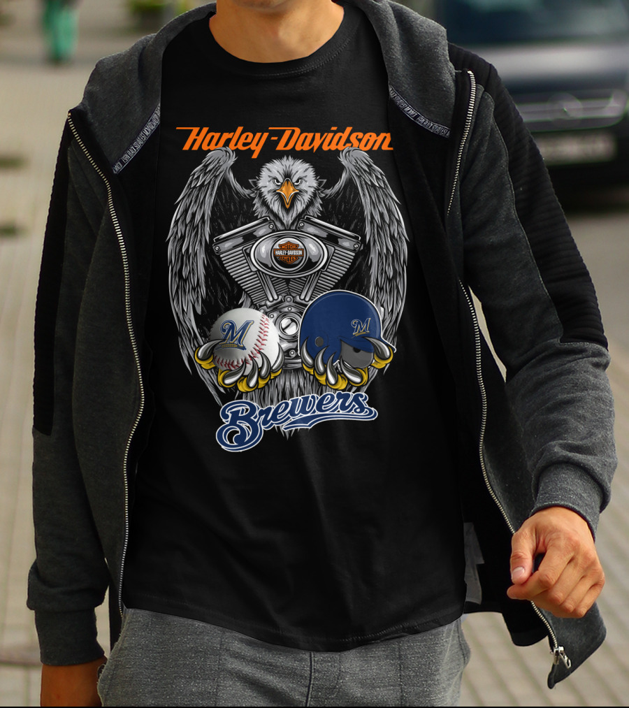 Harley Davidson Milwaukee Brewers Eagle Baseball Engine T-Shirt