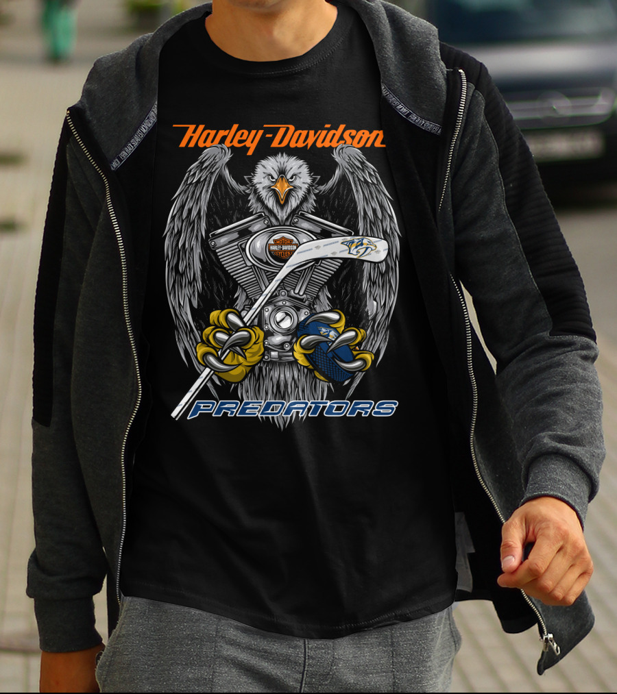 Harley Davidson Predators Nhl Eagles And Hockey Motif T-Shirt