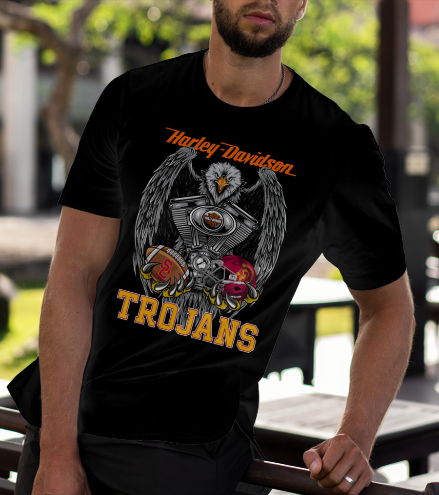 Harley Davidson Trojans Usc Football Helmet And Engine T-Shirt