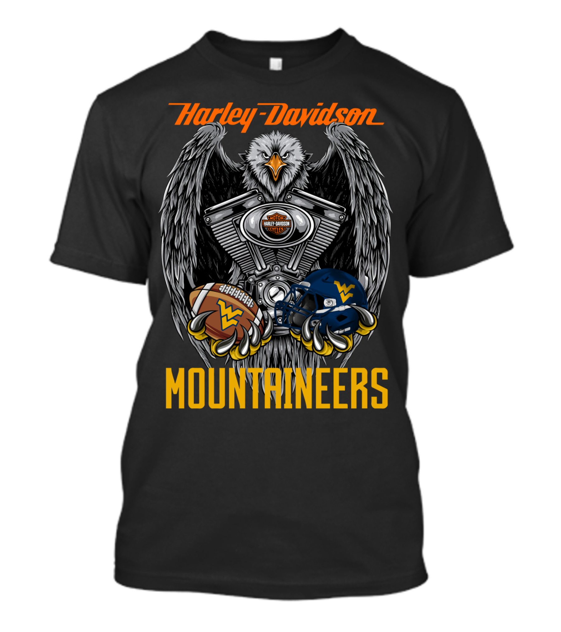 Harley Davidson Mountaineers Wv Football Helmet And Engine Eagle T-Shirt