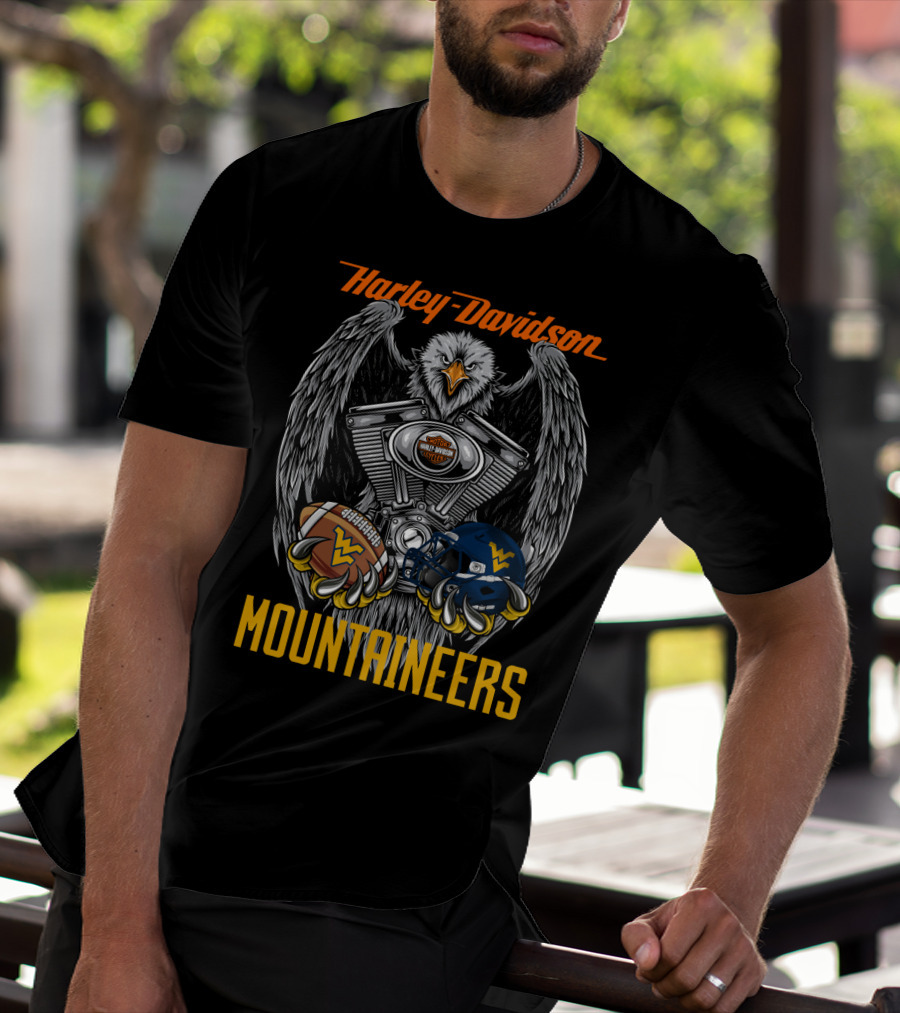 Harley Davidson Mountaineers Wv Football Helmet And Engine Eagle T-Shirt