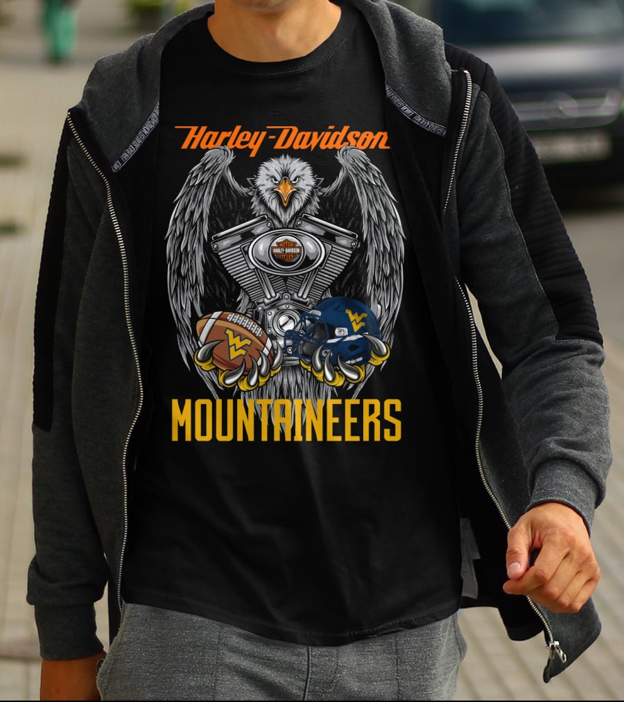 Harley Davidson Mountaineers Wv Football Helmet And Engine Eagle T-Shirt