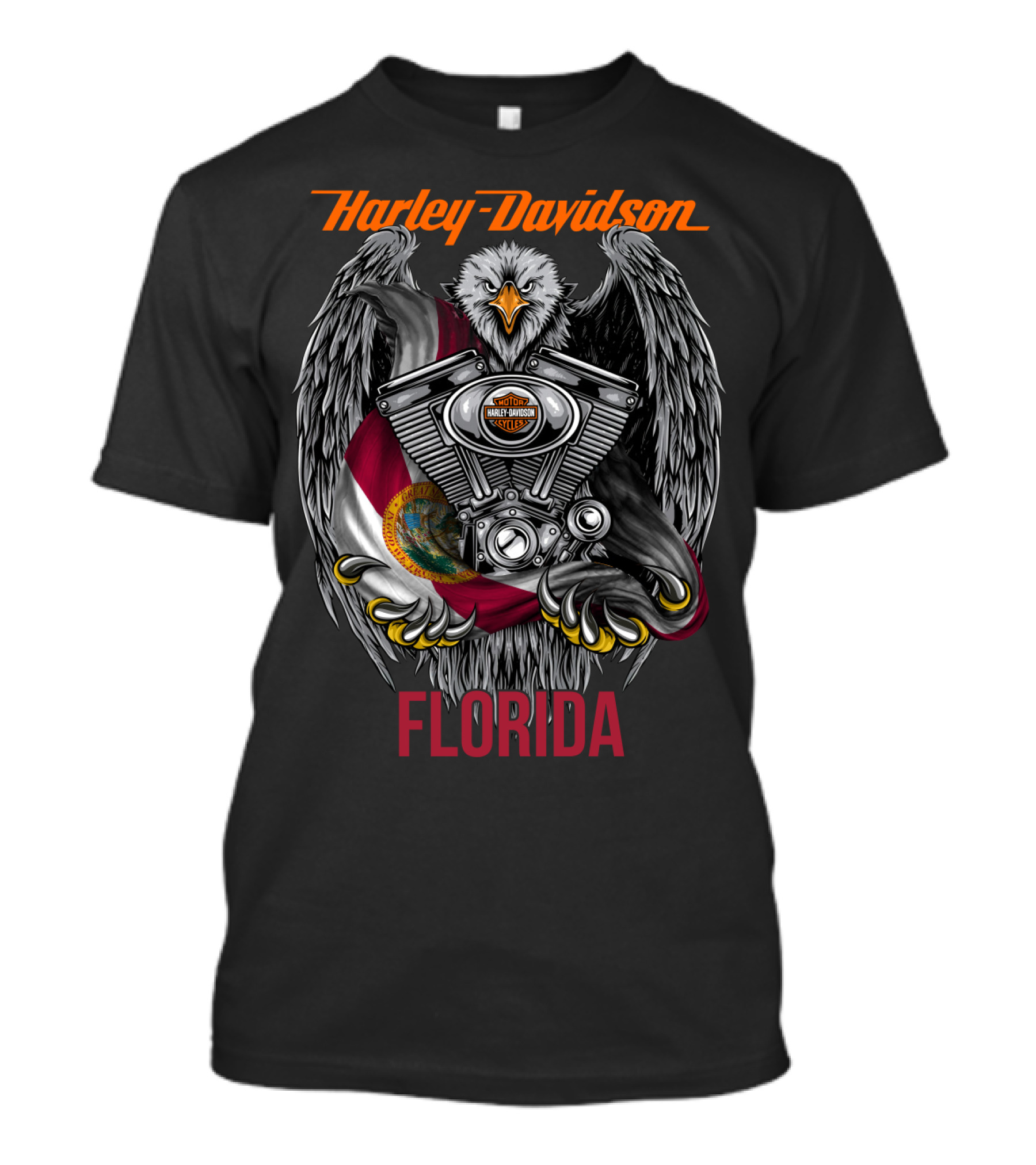 Harley Davidson Florida Eagle With Engine And State Flag T-Shirt