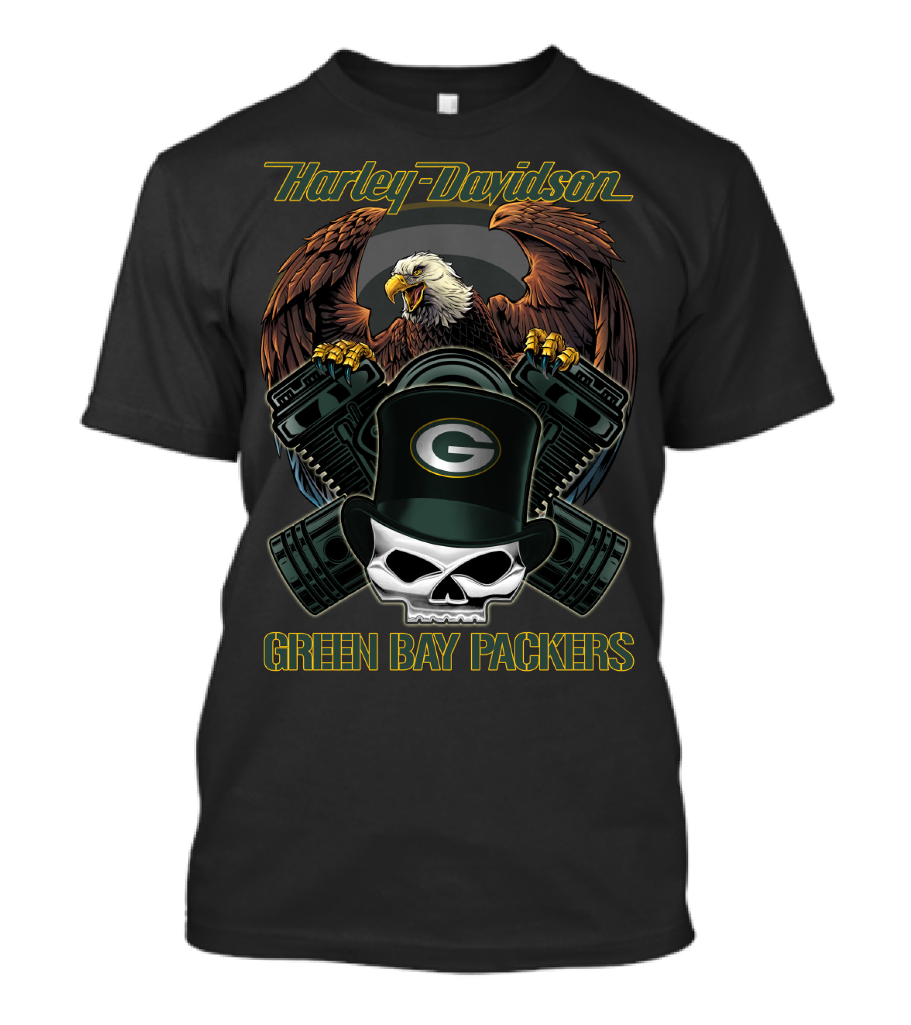 Harley Davidson Green Bay Packers Eagle Skull Motorcycle Art T-Shirt