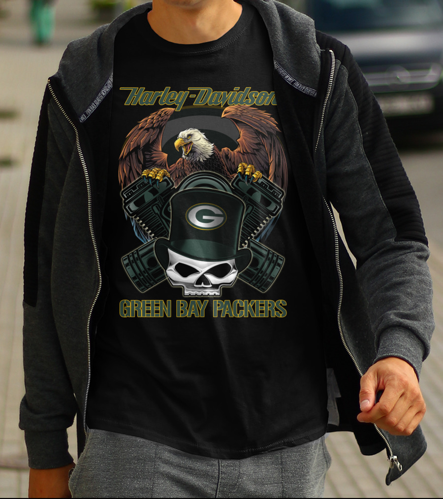Harley Davidson Green Bay Packers Eagle Skull Motorcycle Art T-Shirt