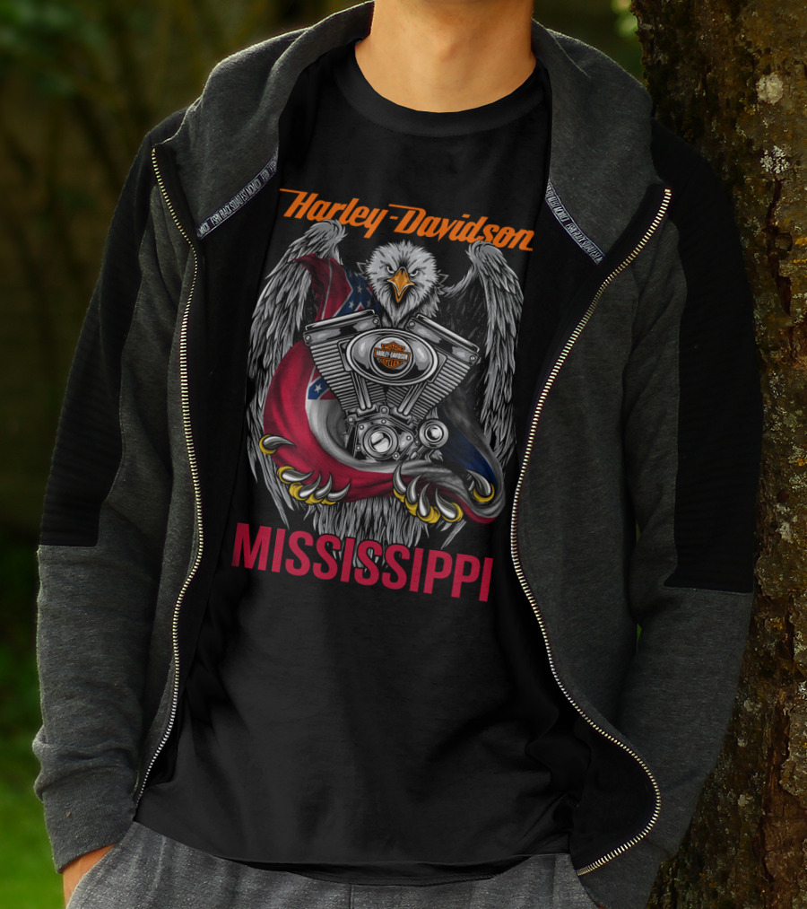 Harley Davidson Mississippi Eagle With Engine And Flag Symbol T-Shirt
