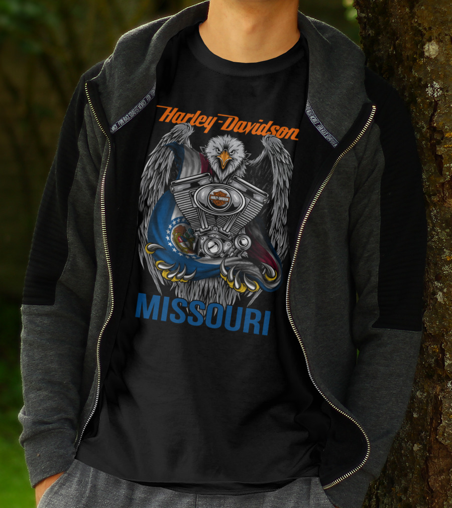 Harley Davidson Missouri Eagle Emblem With Engine And Flag Motif T-Shirt