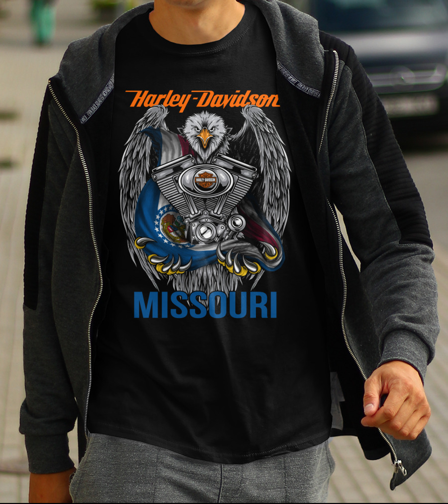 Harley Davidson Missouri Eagle Emblem With Engine And Flag Motif T-Shirt