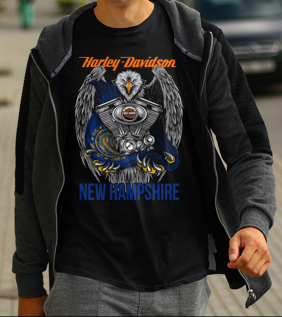 Harley Davidson New Hampshire Eagle And Bike Engine T-Shirt