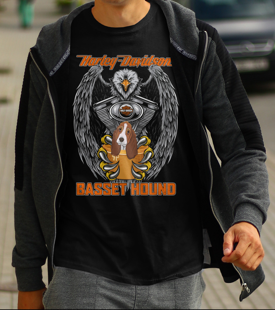 Harley Davidson Basset Hound Eagle Engine Motif T-Shirt