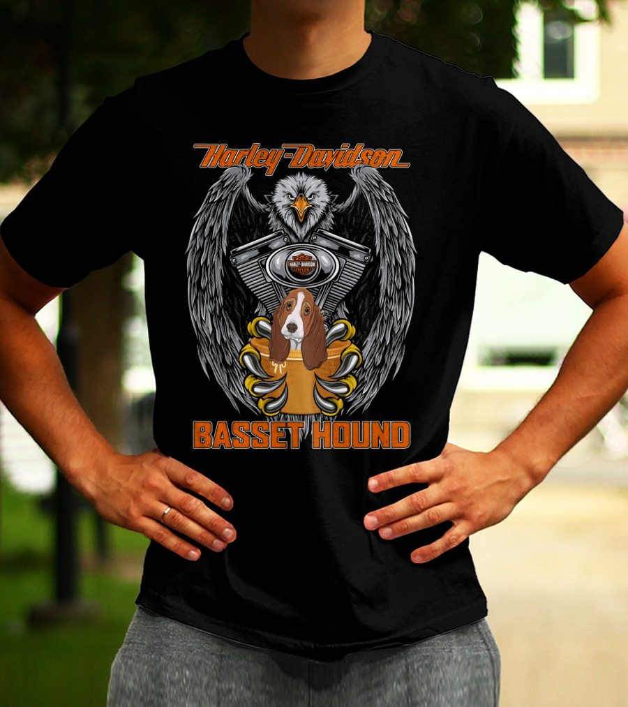 Harley Davidson Basset Hound Eagle Engine Motif T-Shirt