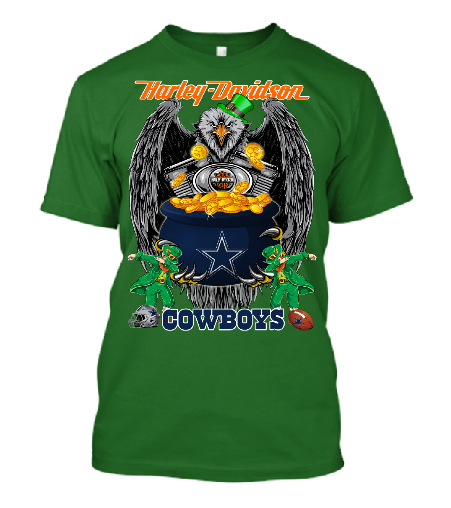 Harley Davidson Nfl Dallas Cowboys Eagle With Leprechauns And Pot Of Gold T-Shirt