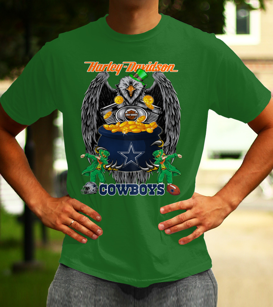 Harley Davidson Nfl Dallas Cowboys Eagle With Leprechauns And Pot Of Gold T-Shirt