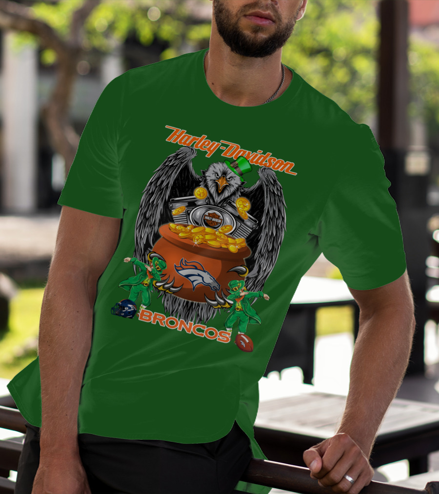 Harley Davidson Denver Broncos Nfl Leprechaun Eagle Pot Of Gold T-Shirt