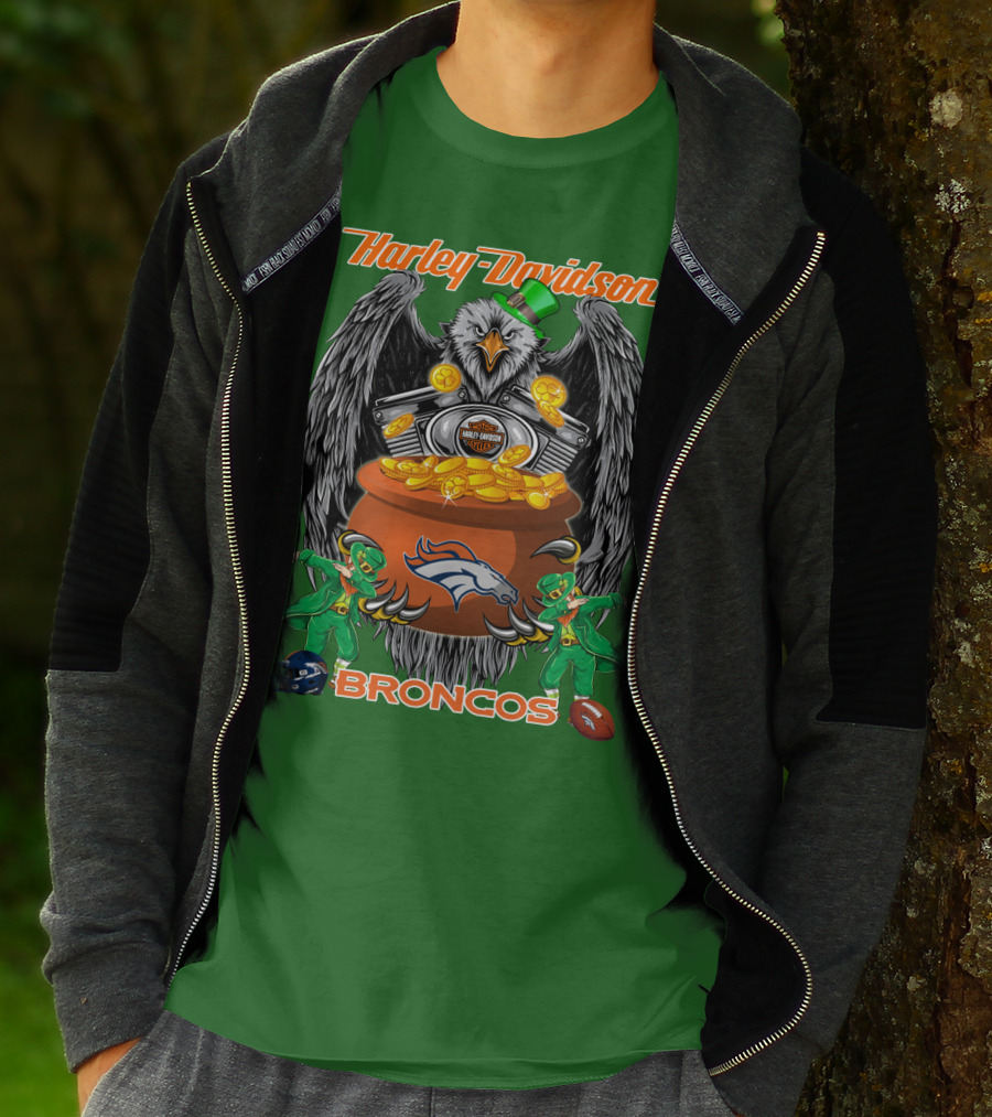 Harley Davidson Denver Broncos Nfl Leprechaun Eagle Pot Of Gold T-Shirt