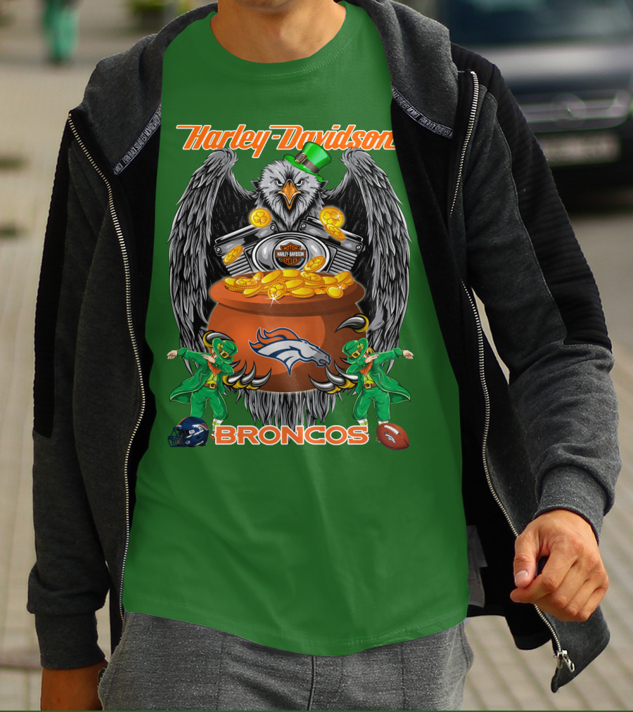 Harley Davidson Denver Broncos Nfl Leprechaun Eagle Pot Of Gold T-Shirt
