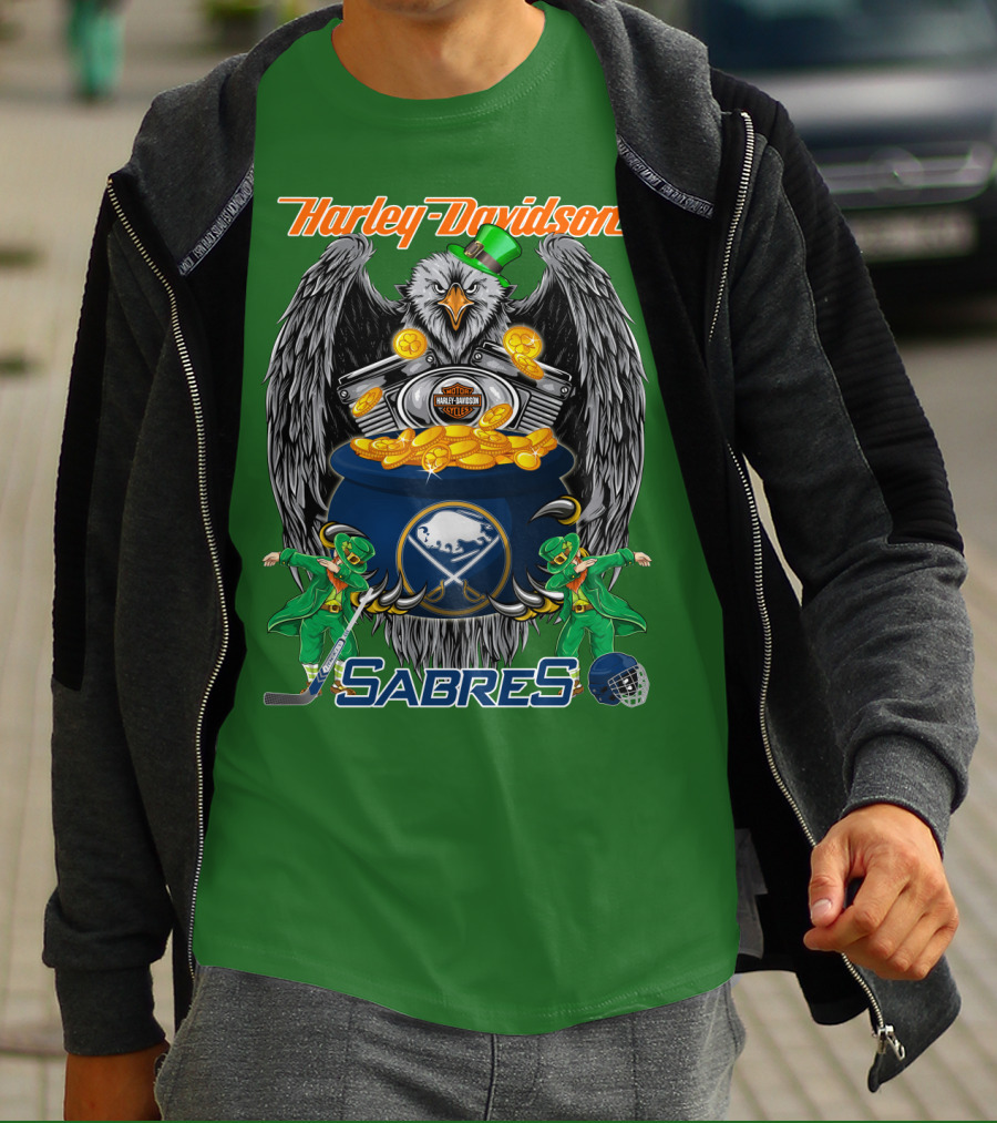 Harley Davidson Sabres Nhl Buffalo St. Patrick's Day Eagle And Pot Of Gold T-Shirt