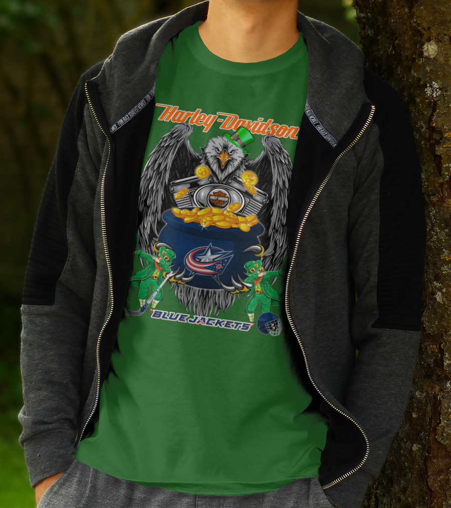 Harley Davidson Columbus Blue Jackets Nhl Eagle Leprechaun Gold Coins Green Hat T-Shirt