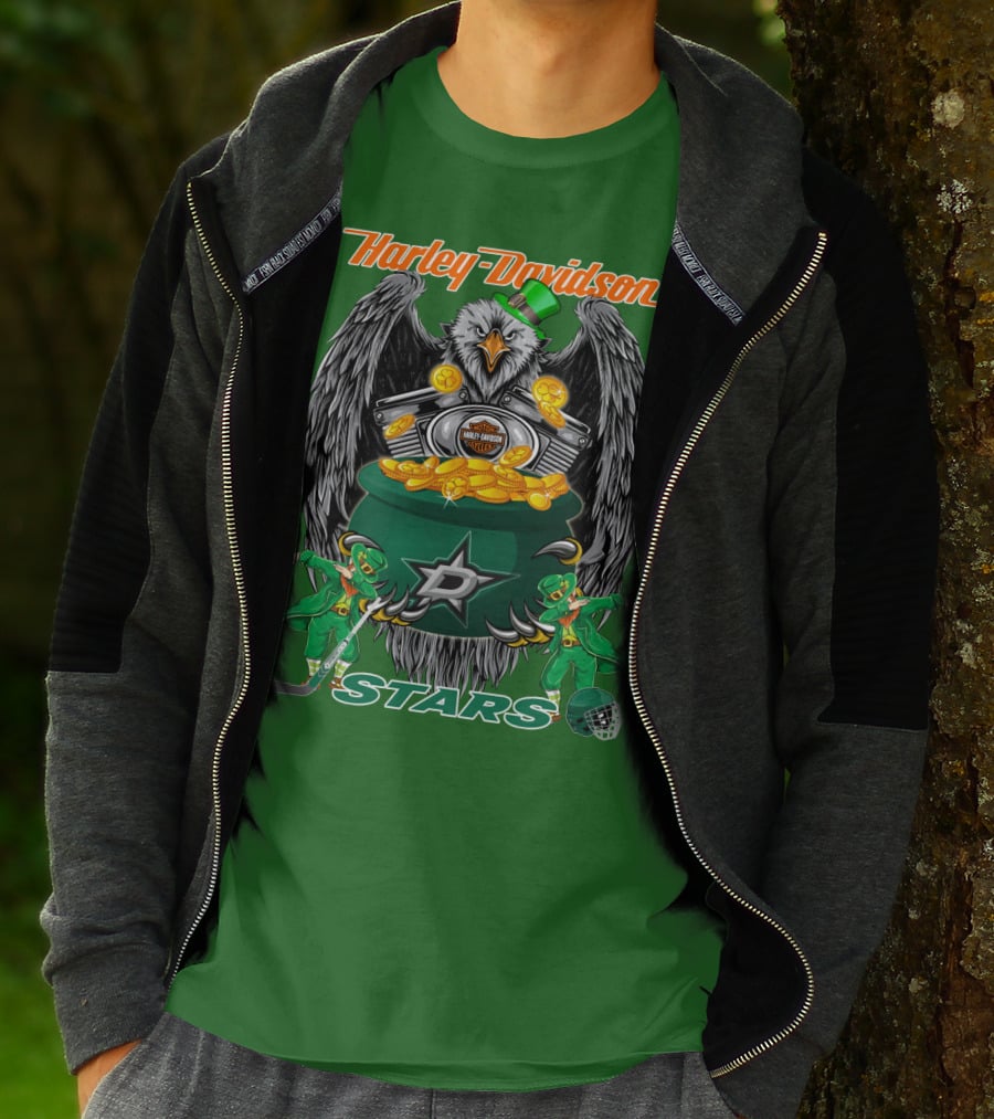 Harley Davidson Dallas Stars Nhl Eagle With Leprechauns And Hockey Gear T-Shirt