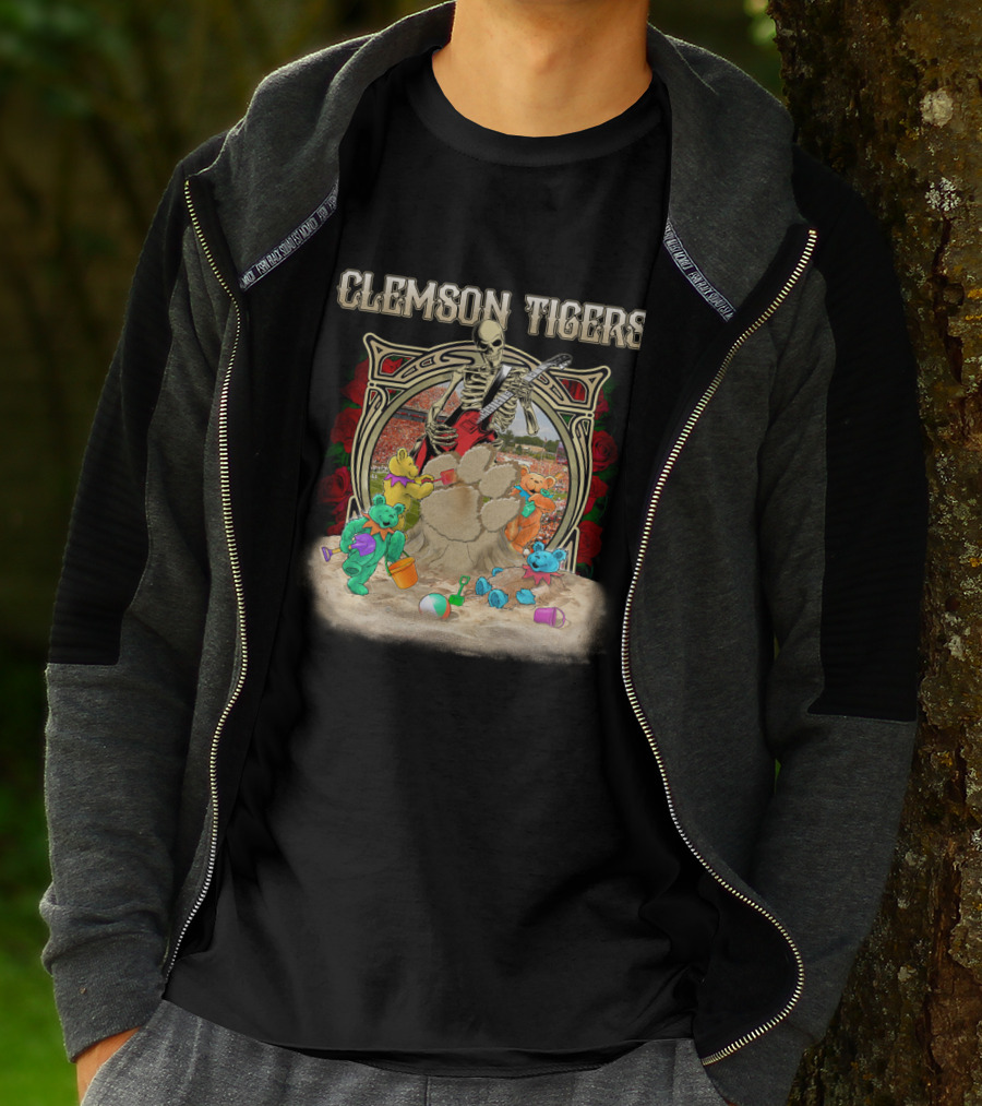 Clemson Tigers Grateful Dead Skeleton Bears Sandcastle Roses T-Shirt
