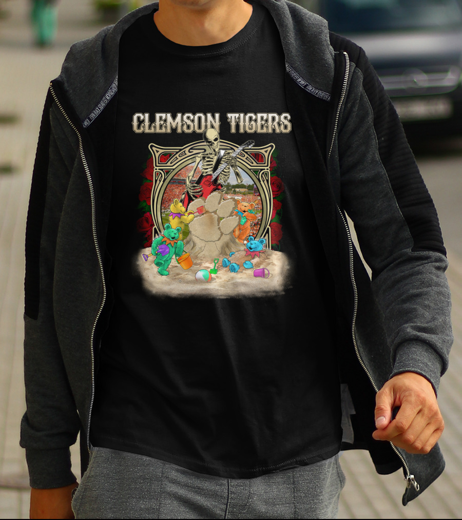 Clemson Tigers Grateful Dead Skeleton Bears Sandcastle Roses T-Shirt