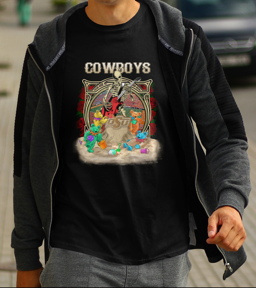 Cowboys Skeleton Guitar With Osu Ncaa1 63 Teddy Bears T-Shirt