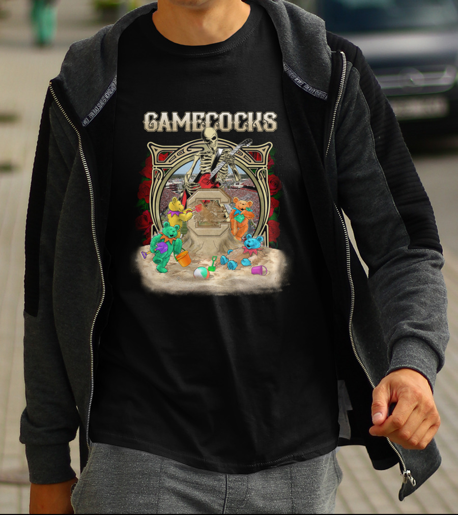 Gamecocks Skeleton With Colorful Bears Playing On Beach T-Shirt