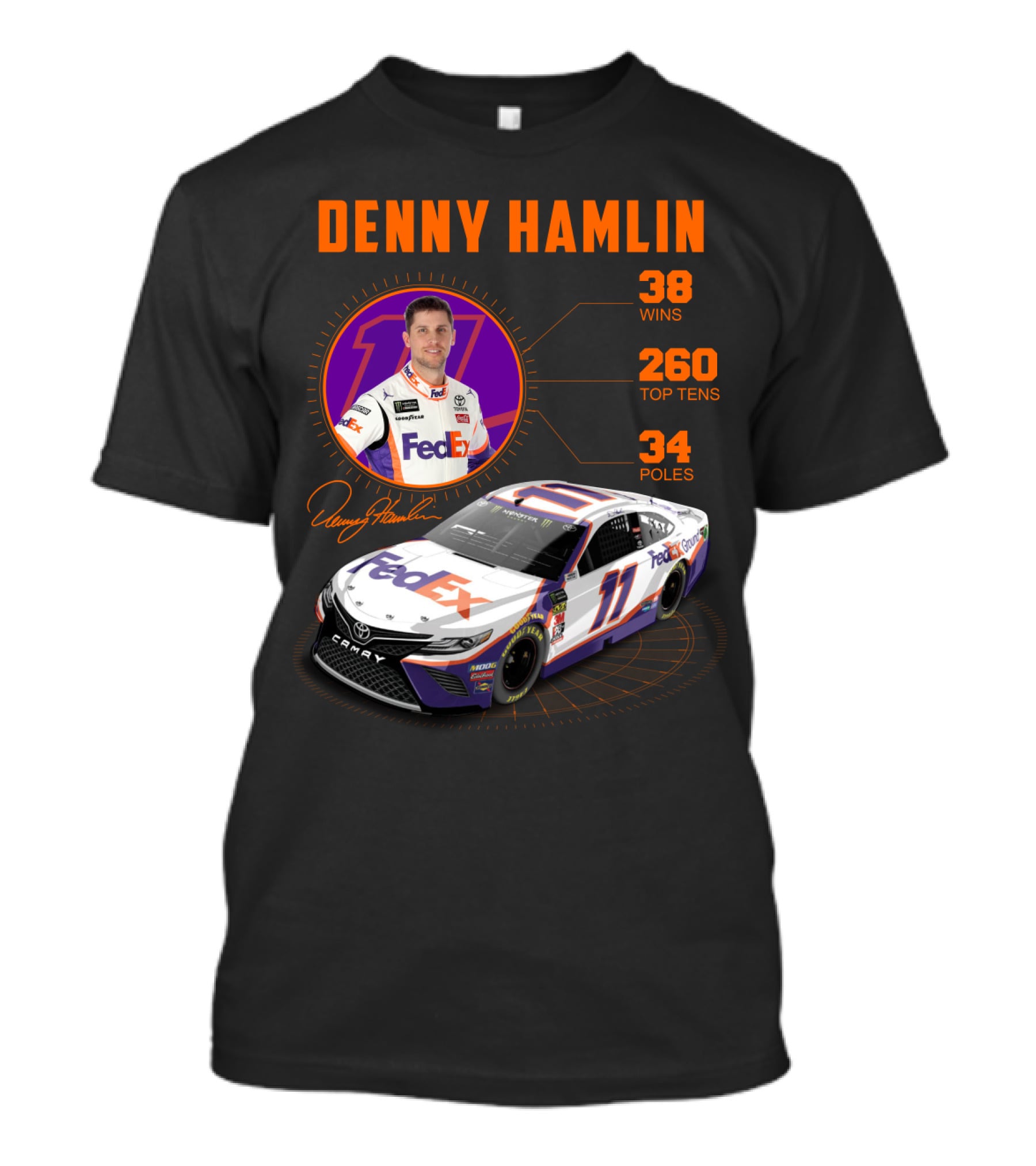 Denny Hamlin Fedex 11 Racing Stats 38 Wins 260 Top Tens 34 Poles T-Shirt