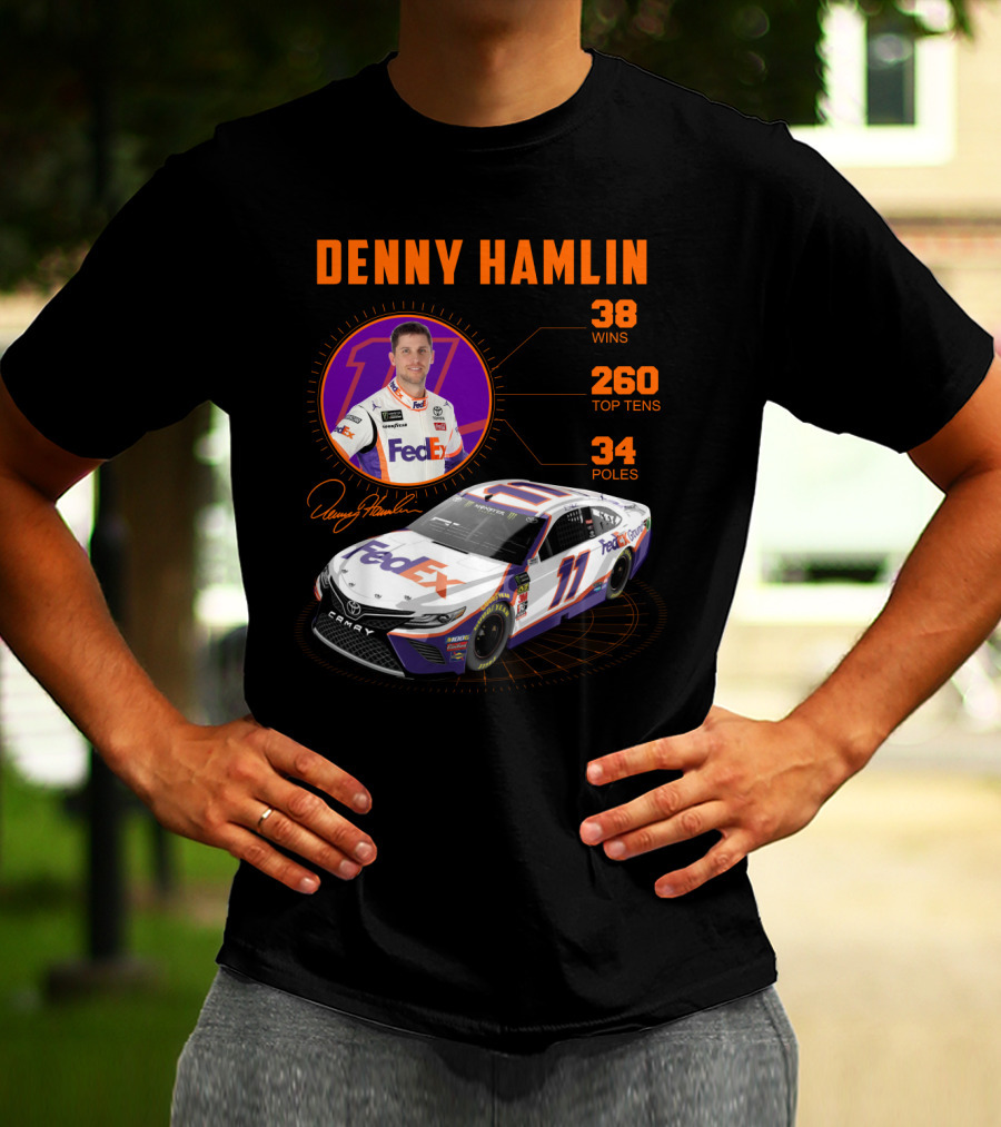 Denny Hamlin Fedex 11 Racing Stats 38 Wins 260 Top Tens 34 Poles T-Shirt