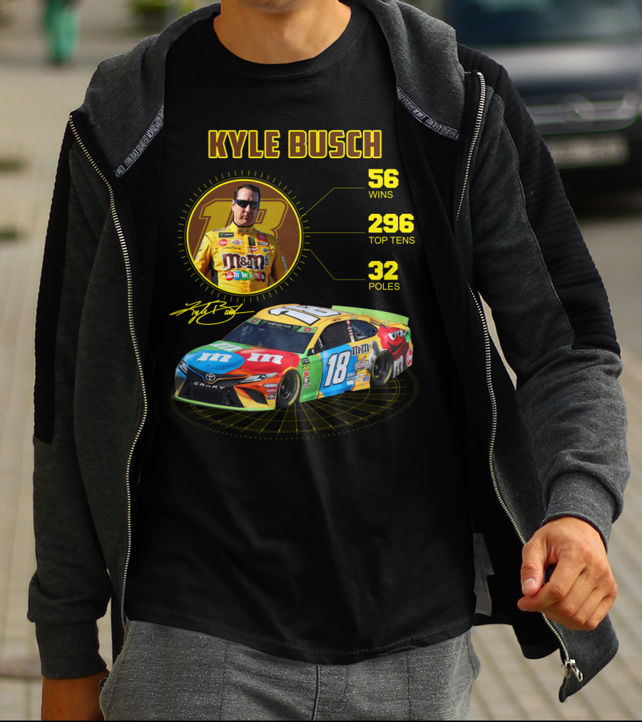 Kyle Busch M&M's 18 Toyota 56 Wins 296 Top Tens 32 Poles T-Shirt