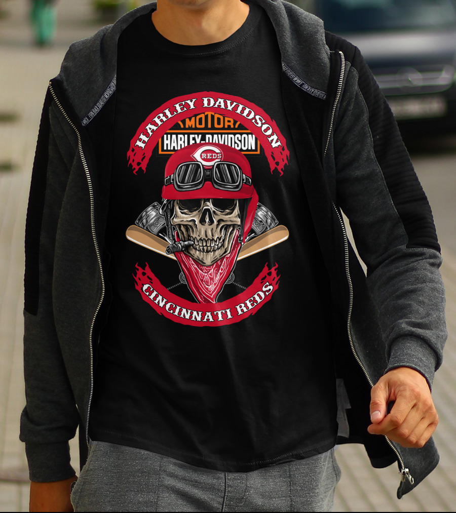 Harley Davidson Cincinnati Reds Skull Helmet Motor T-Shirt