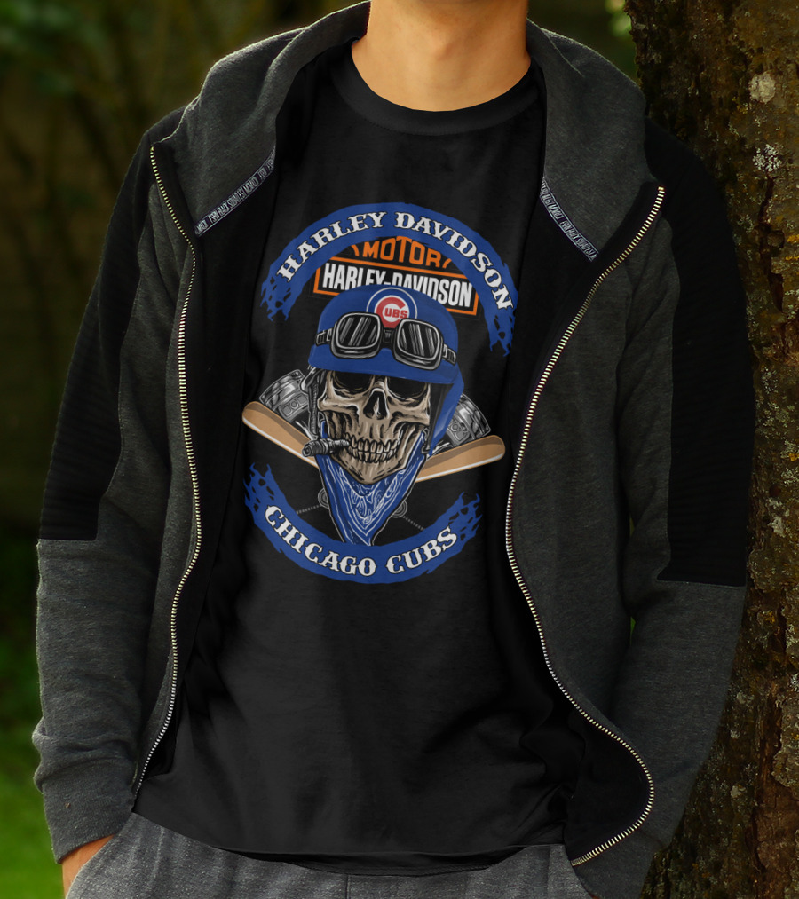 Harley Davidson Chicago Cubs Skull Helmet Cigars T-Shirt