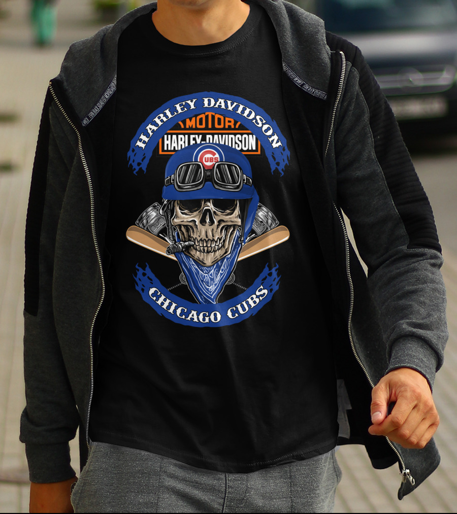 Harley Davidson Chicago Cubs Skull Helmet Cigars T-Shirt