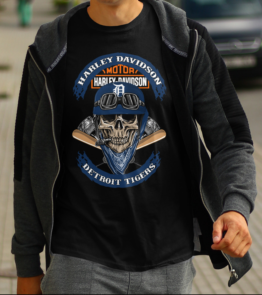 Harley Davidson Motor Detroit Tigers Skull Helmet T-Shirt