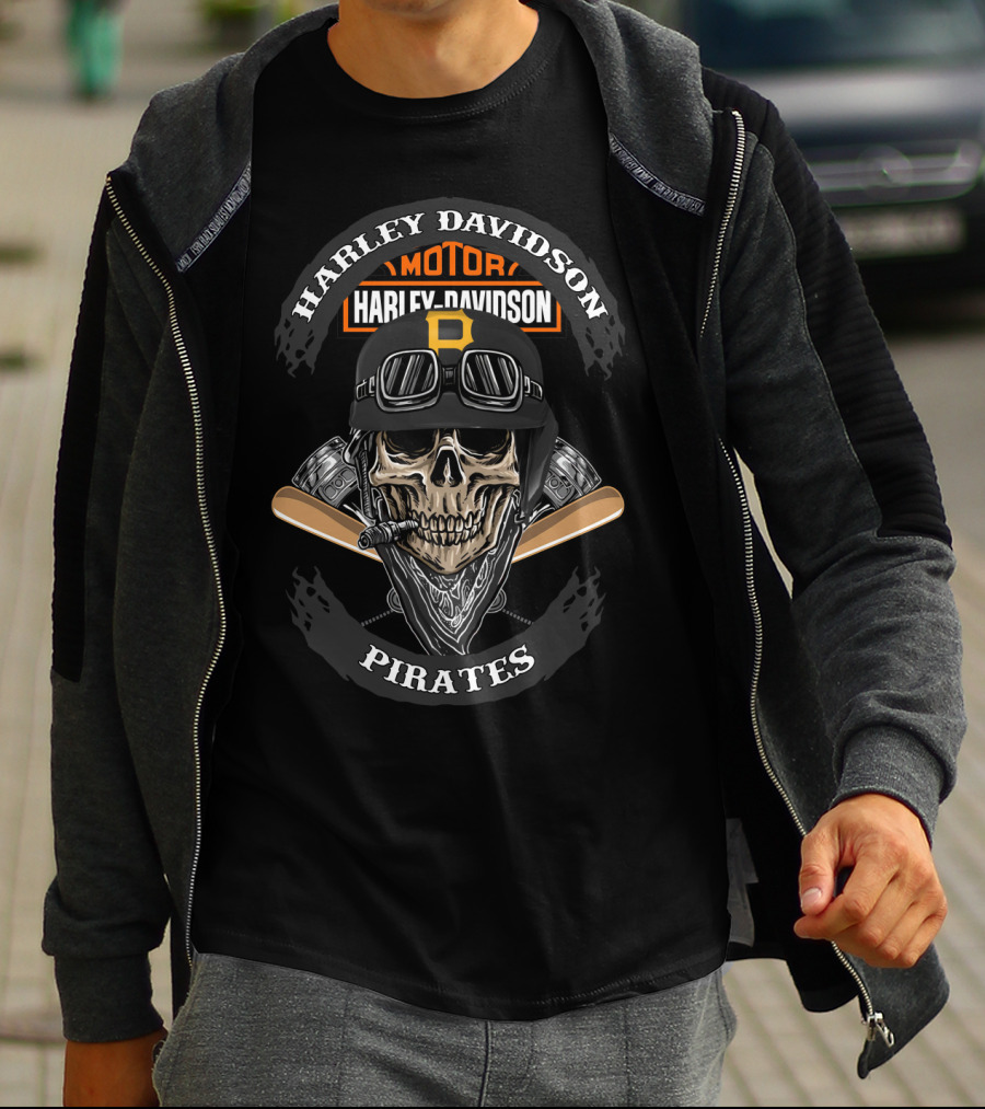 Harley Davidson Pirates Skull With Crossed Baseball Bats T-Shirt