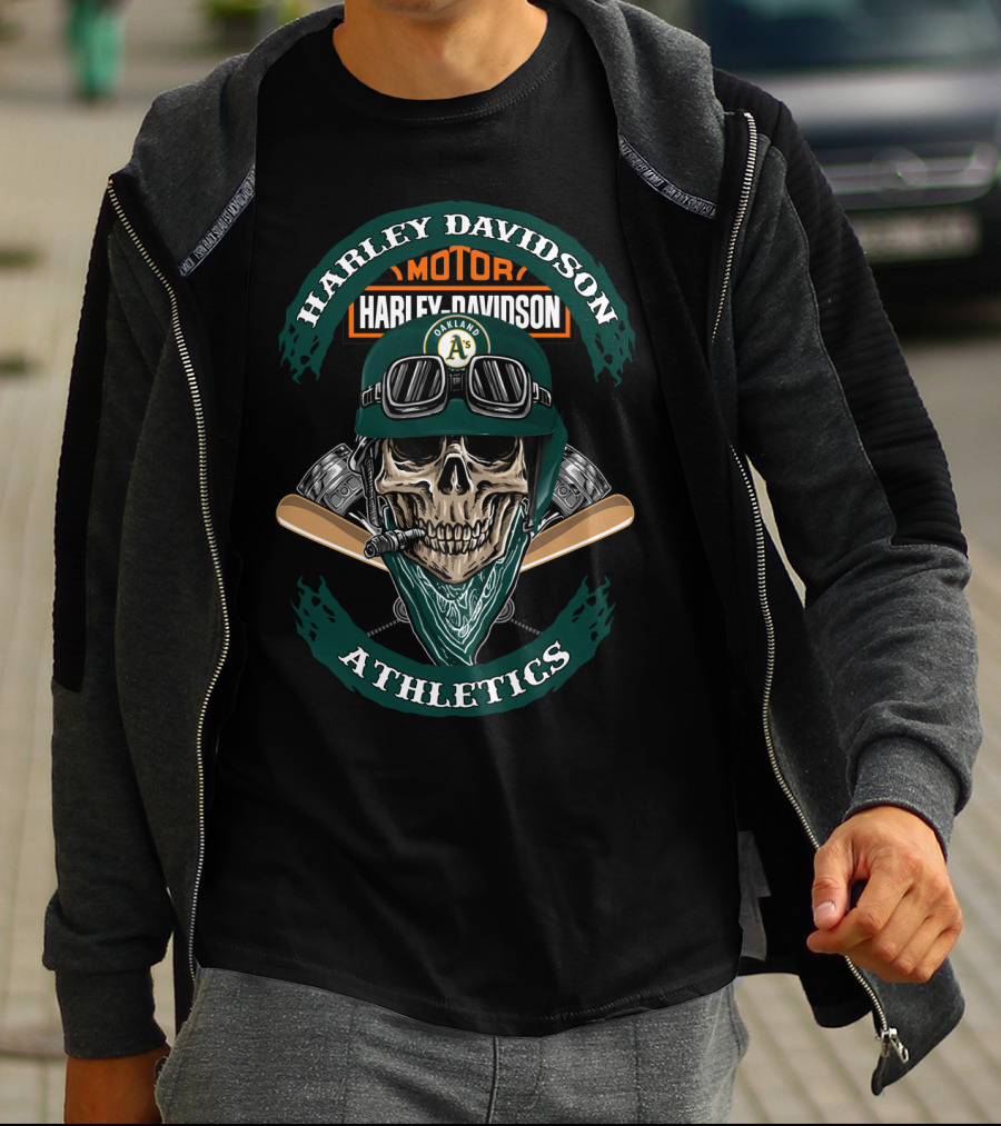 Harley Davidson Oakland Athletics Skull And Engine Motif T-Shirt