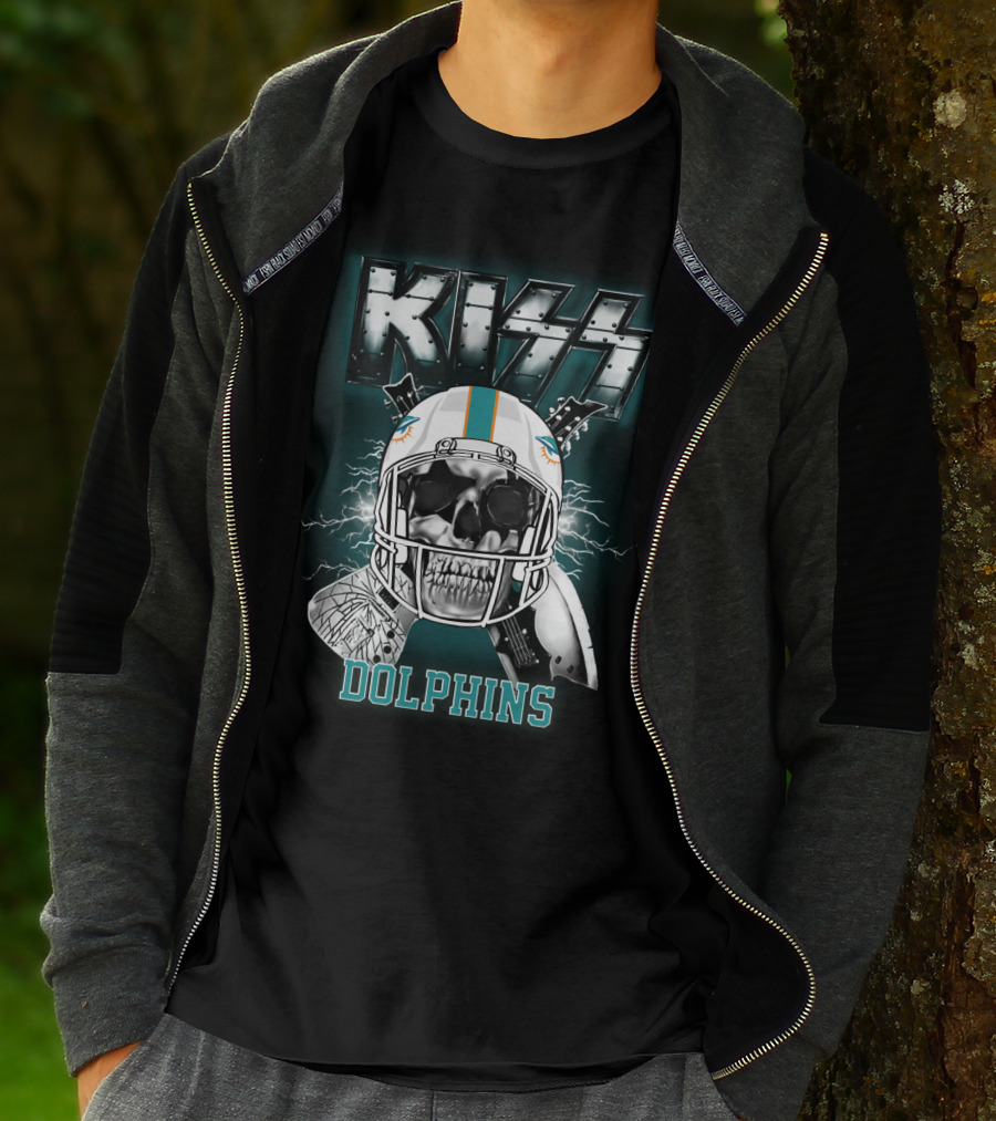 Kiss Dolphins Miami Football Skull Helmet Electric Guitars T-Shirt