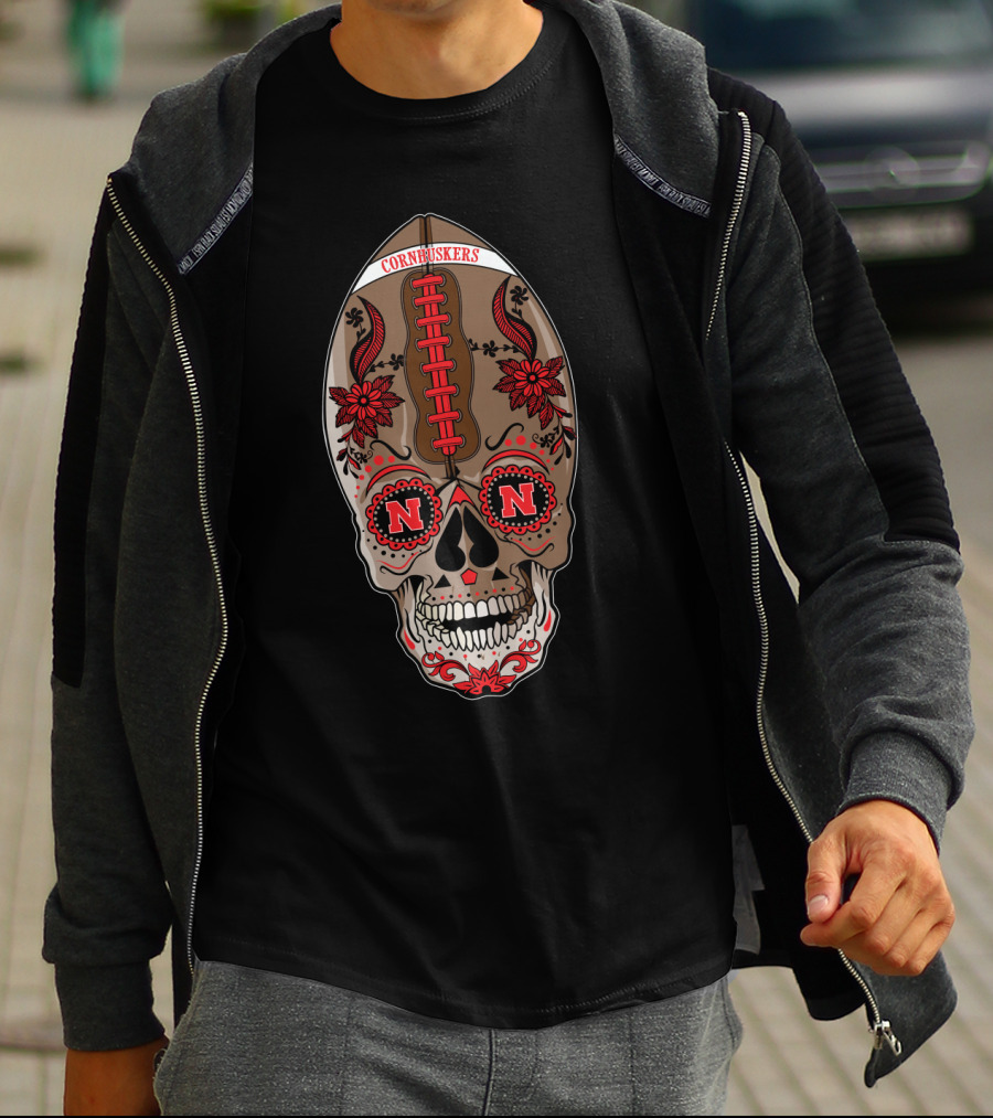 Cornhuskers Skull Football Floral N N T-Shirt