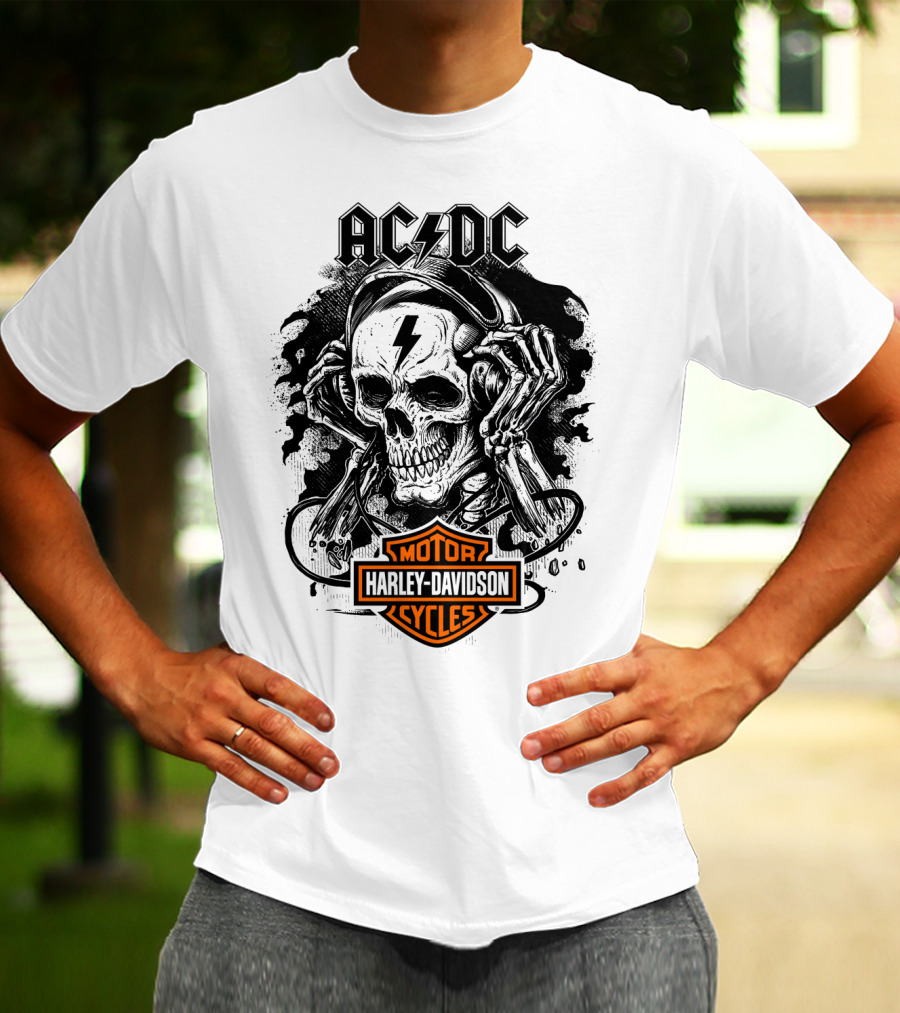 Acdc Harley Davidson Skull With Headphones T-Shirt