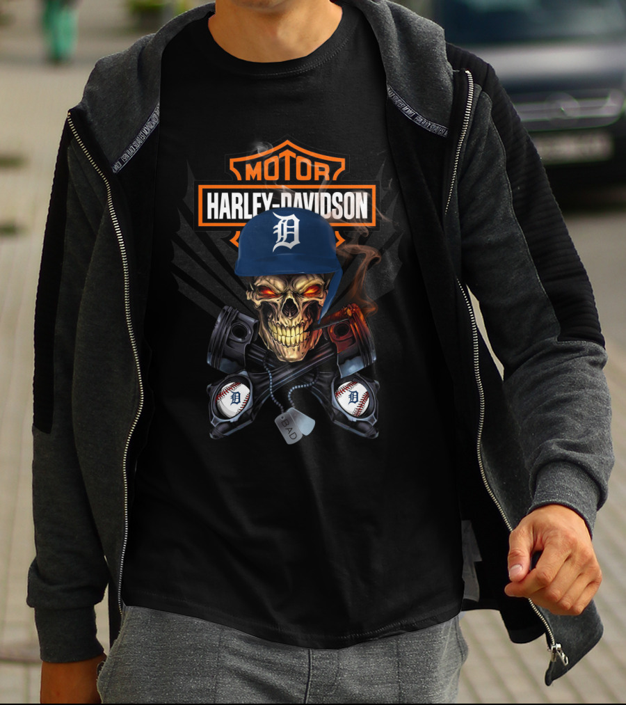 Harley Davidson Motor Detroit Tigers Baseball Skull T-Shirt